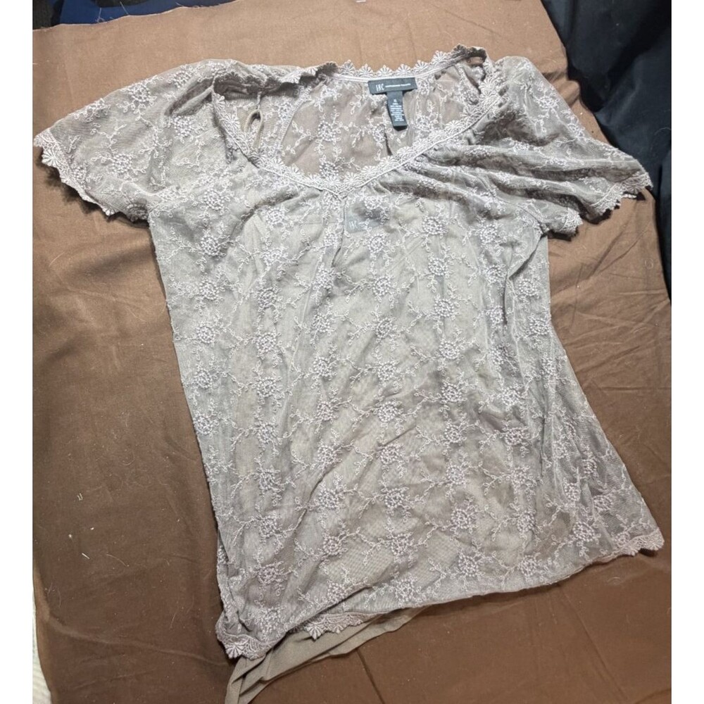 INC Women's Brown Sheer Lace Textured Short Sleeve T-Shirt Top Size XL